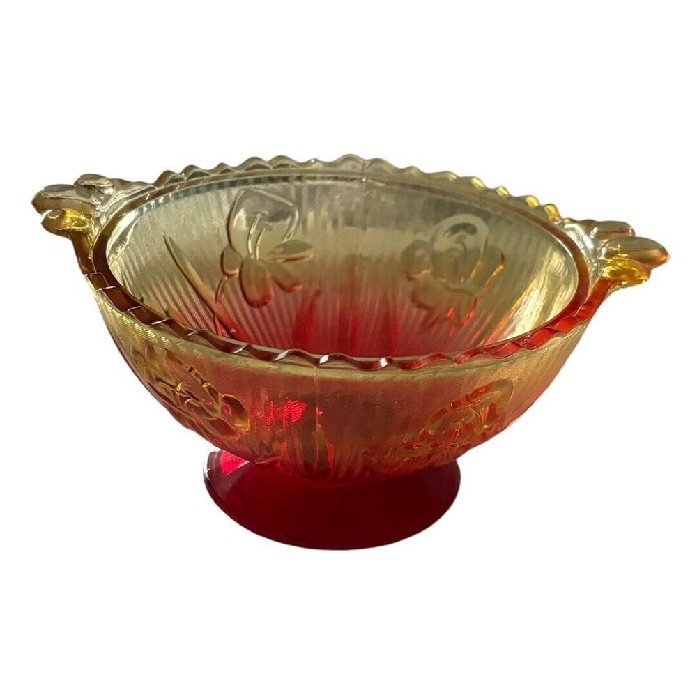 Vintage Jeanette Amberina Pressed Red Yellow Iris Floral Glass Bowl W/Handles